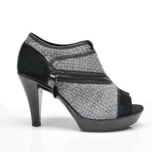 BERNIE MEV Woven Metallic Mesh and Suede Open-Toe Stiletto Booties